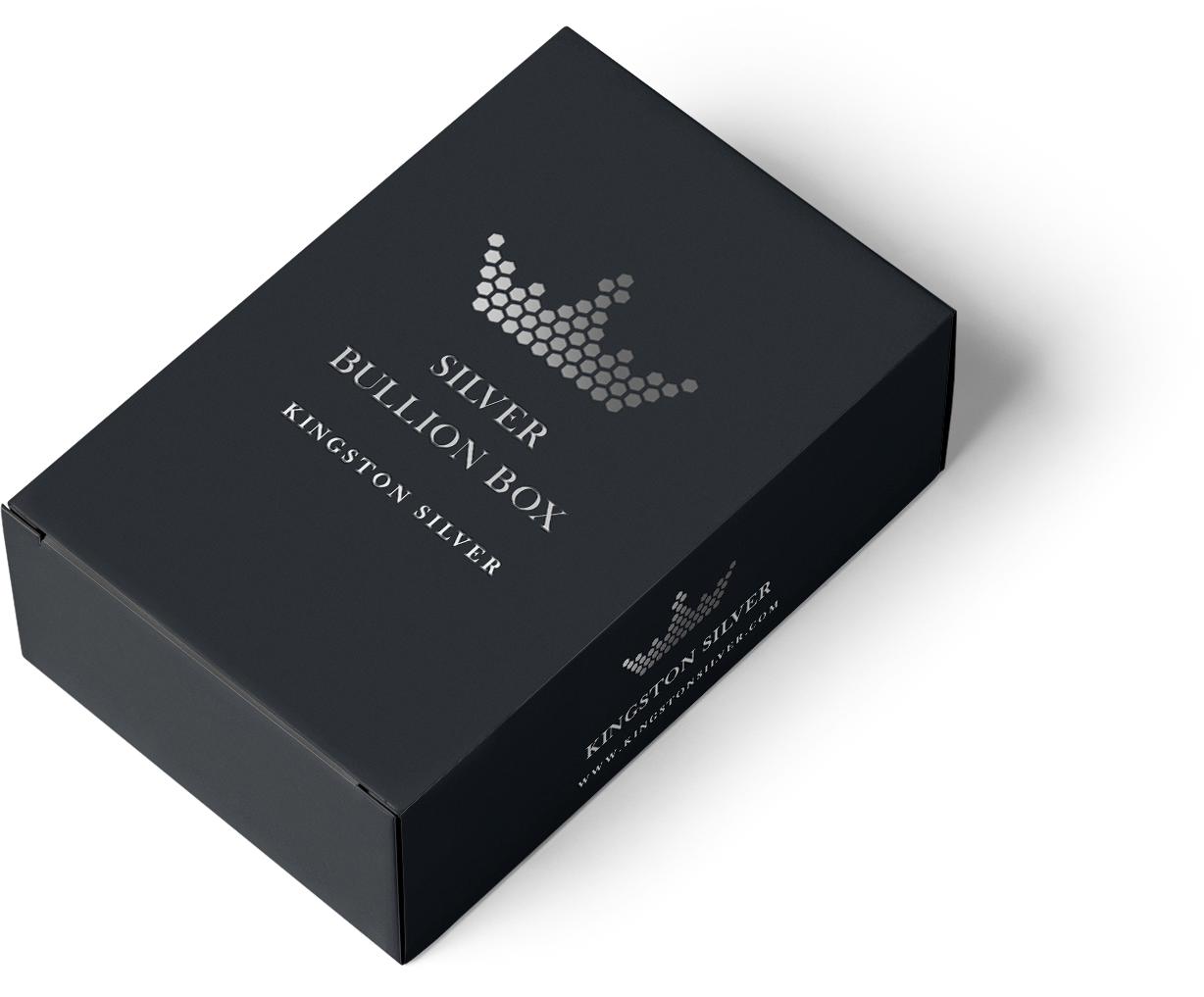 The Kingston Silver Bullion Box in dark navy with silver foil lettering